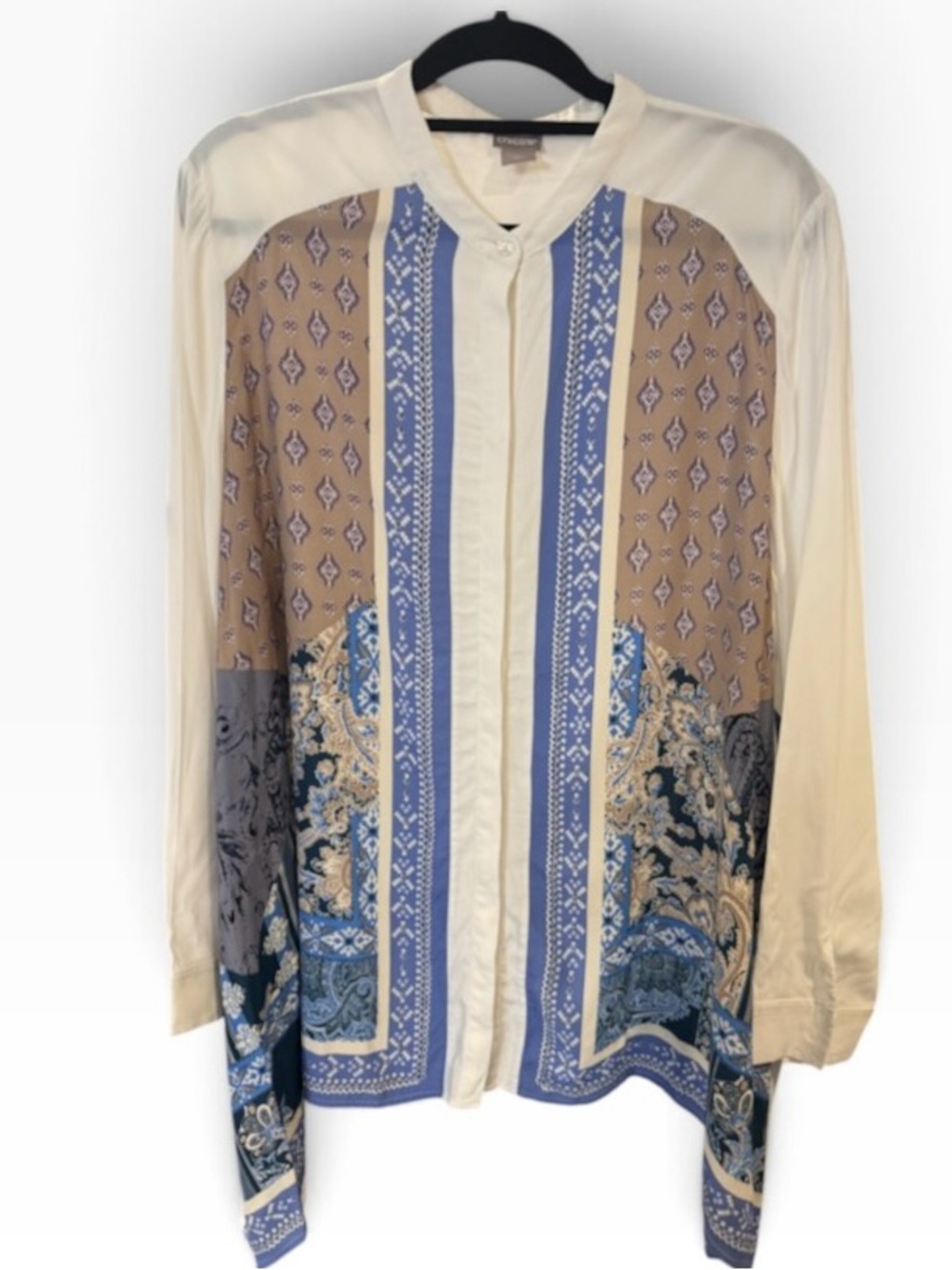 Chico's Asymmetric Scarf Print Blouse Blue Paisley Patchwork Tunic Top Size 3/XL